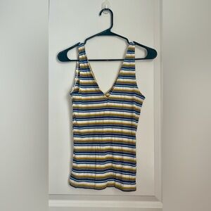 Express One Eleven Women’s Blue White and Gold Striped Tank Top - Size S